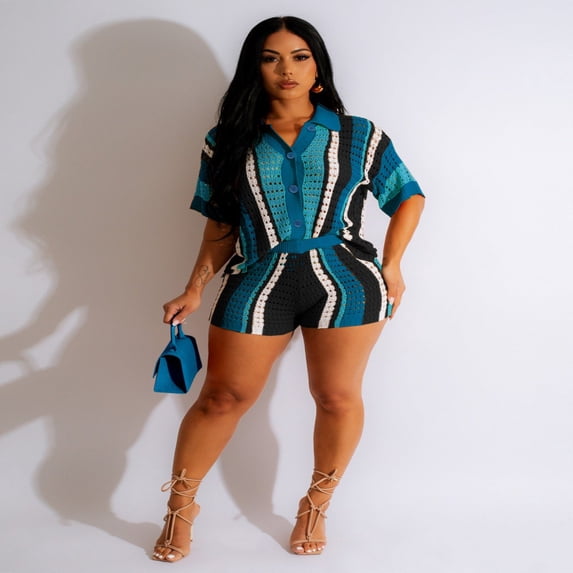 LYMAYTER S-XL Women Crochet Suit 2 Piece Hollow Out Shirt and Shorts Summer Vacation Beach Clothes