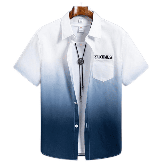 LYMAYTER Short Sleeve Shirt Men's Gradient Color Summer Casual Spread Collar Teen Boys' Top