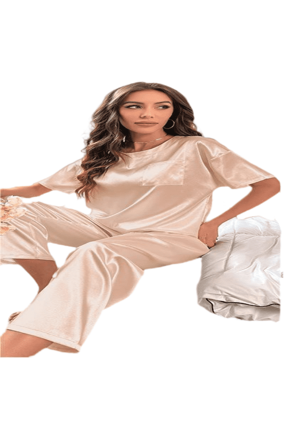 Silk Sleepwear Suit for Women Casual Soft Pajamas Short Sleeve with Long Pants Pajamas S-2XL
