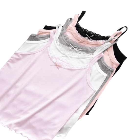 LYMAYTER Solid Color Lace Crew Neck Camisoles for 4-14Y Kids Girls Slim Fit Sleeveless Tank Tops Summer Undershirts