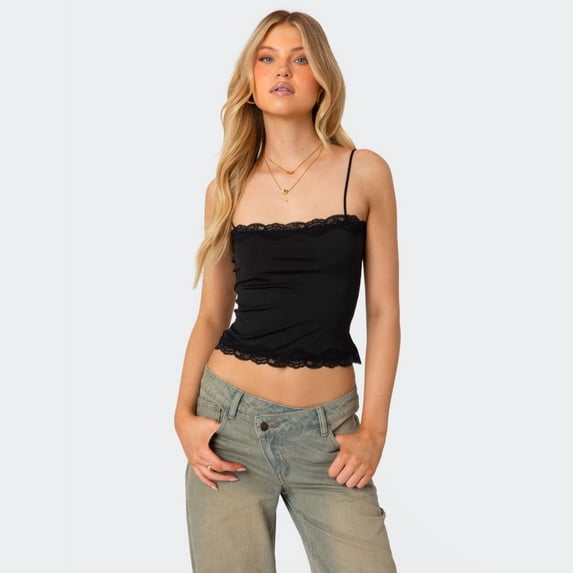 LYMAYTER Square Neck Lace Cami Tank Tops for Women's Fitted Double Lined Sleeveless Crop Top