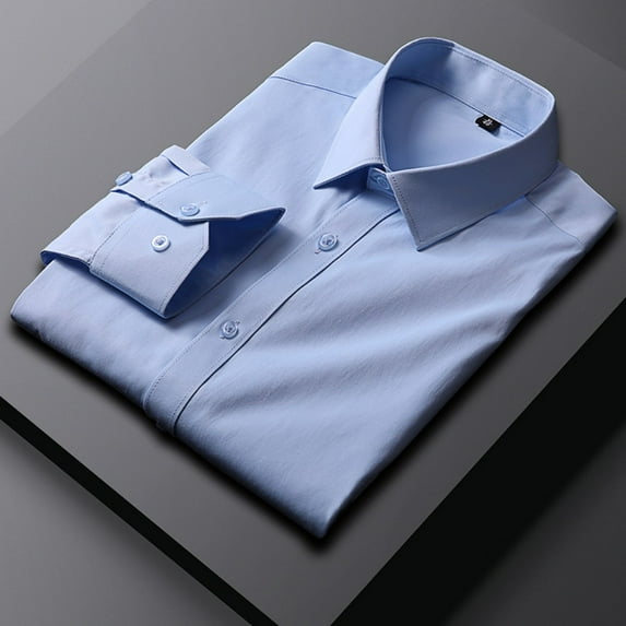 LYMAYTER Summer Men's Formal Shirt Solid Color Long Sleeves Shirt Easy Care Casual Top