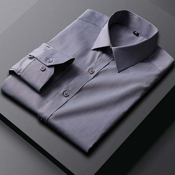 LYMAYTER Summer Men's Formal Shirt Solid Color Long Sleeves Shirt Easy Care Casual Top