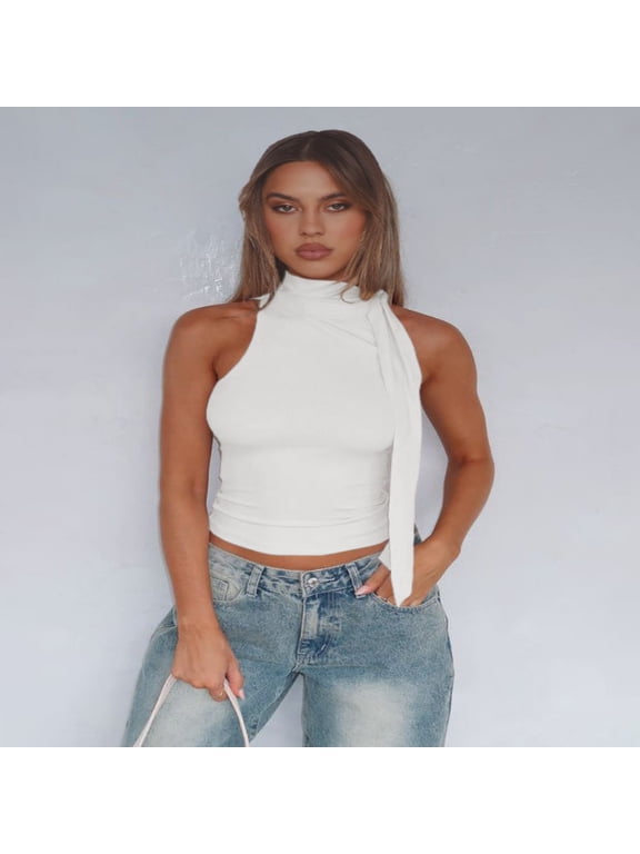 Summer Sleeveless Tops for Women Tie Knot Mock Neck Comfortable Breathable S-L