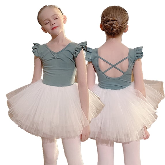 LYMAYTER Toddler 2PC Ballet Leotard Set Girls Short Sleeve Leotard Tutu Skirt Exam Performance Suit 3-11Y