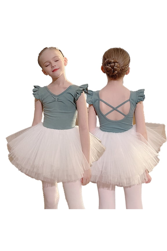 Toddler 2PC Ballet Leotard Set Girls Short Sleeve Leotard Tutu Skirt Exam Performance Suit 3-11Y