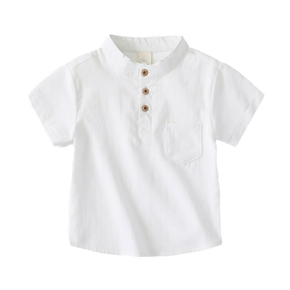 LYMAYTER Toddler Baby Boys Linen Shirt Kids Short Sleeve Casual Dress Shirt Summer Button down T Shirts Top with One Pocket 1-7T