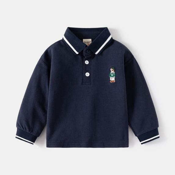 LYMAYTER Toddler Baby Boys Long Sleeve Lapel Button Polo Shirt Solid Color Casual Soft Fall Tops 2-7Y