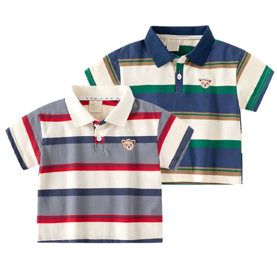 LYMAYTER Toddler Baby Boys Short Sleeves Stripes T-Shirt Kids Summer Lapel Button Cotton Tee Shirt Tops for 1-8Y