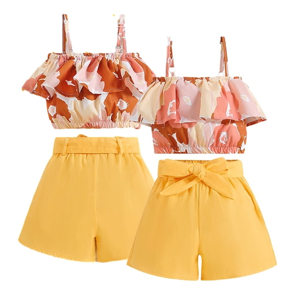 LYMAYTER Toddler Baby Girls Floral Halter Ruffled Outfits Set 2-7T Baby Yellow Strap Crop Tops+ Shorts Pants Summer Clothes Set
