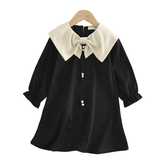 LYMAYTER Toddler Baby Girls Long Sleeve Dress Bow Collar Elegant Sweet Princess Daily Party Casual Outfit