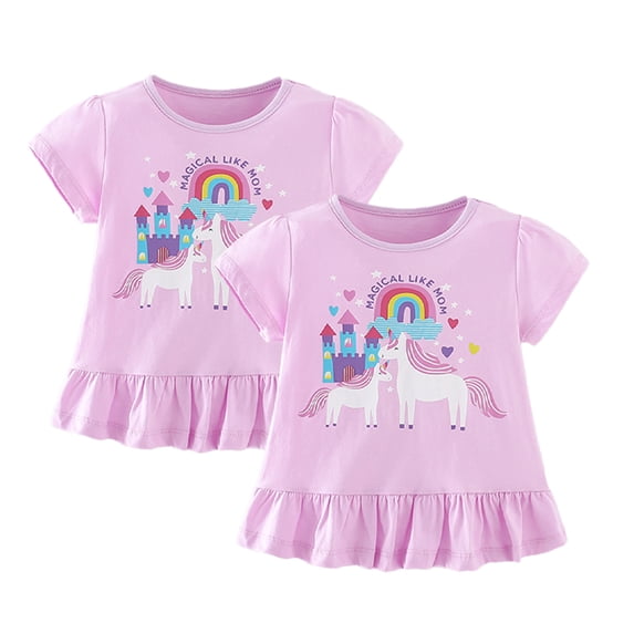 LYMAYTER Toddler Baby Girls Short-Sleeve Ruffle T-Shirt Kids Summer 100% Organic Cotton Tees Shirt Blouse Casual Cartoon Shirt Tops for 1-8 Years Old