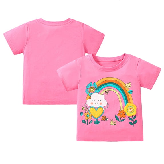 LYMAYTER Toddler Baby Girls Short-Sleeve T-Shirt Kids Summer 100% Organic Cotton Tees Shirt Top Casual Cartoon Shirt Blouse for 2-8T