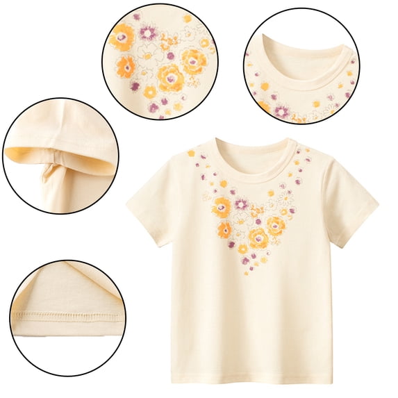 LYMAYTER Toddler Baby Girls Summer Short-Sleeve T-Shirt Kids Flower 100% Organic Cotton Tees Shirt Tops 1-8Y