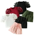 thumbnail image 1 of LYMAYTER Toddler Baby Puff Sleeve Shirts Tops + High Waist Tie-Up Shorts for Girls 1-6T Summer Solid Color Casual Shorts Set, 1 of 11