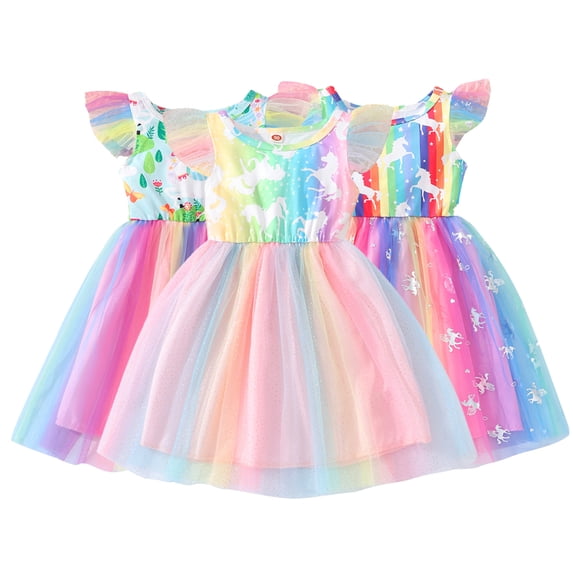 LYMAYTER Toddler Baby Summer Rainbow Dress for Girls Summer Flutter Sleeve Tutu Dresses Sundress Mesh Skirt 18M-6T