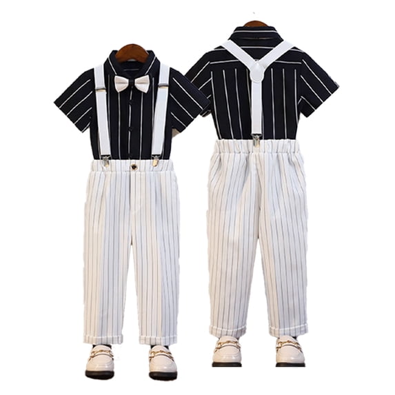 LYMAYTER Toddler Boys Formal Suit Outfit Short-Sleeved Shirt Bowtie Suspenders Pants Wedding Dress Set 1-11Y