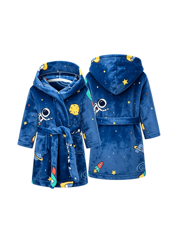 Toddler Boys Kids Hooded Bathrobe Soft Flannel Starry Printed Casual Home Wear Robe for 2-12Y