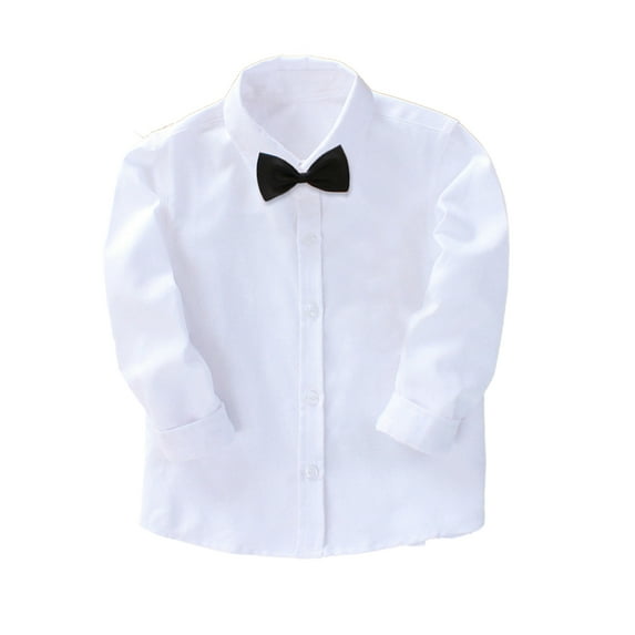 LYMAYTER Toddler Boys'dress Shirt Kids Long Sleeve Button-Down Collared Dress Shirt with Tie Little Boys Casual Solid Color Shirt for Bow Knot /Tie for 3-16T