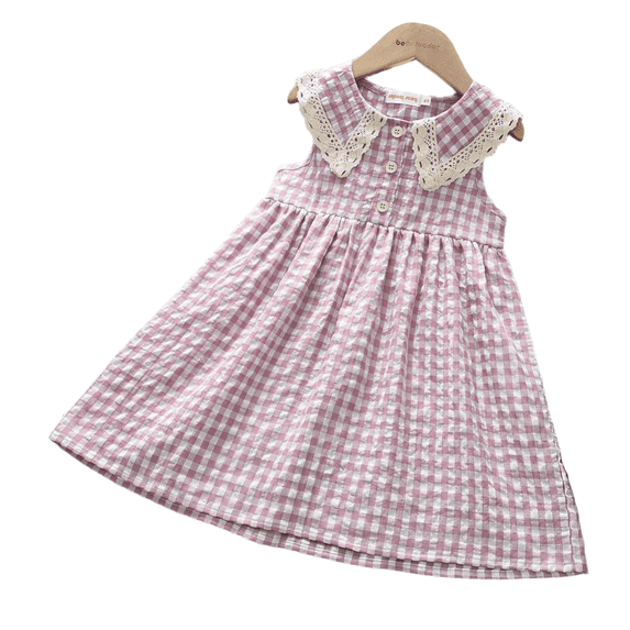 LYMAYTER Toddler Casual Dress Girls Cute Plaid Sleeveless Dress Kids Button Front Pleated A Line Dress 2-7Y