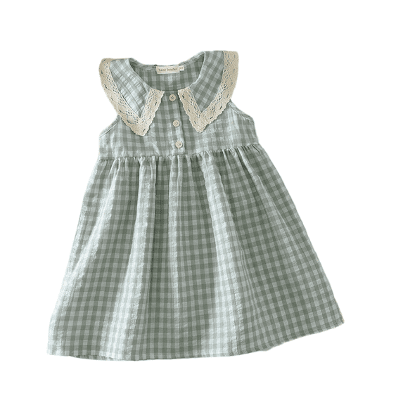 LYMAYTER Toddler Casual Dress Girls Cute Plaid Sleeveless Dress Kids Button Front Pleated A Line Dress 2-7Y