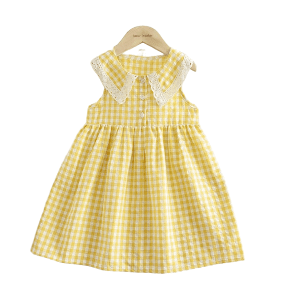 LYMAYTER Toddler Casual Dress Girls Cute Plaid Sleeveless Dress Kids Button Front Pleated A Line Dress 2-7Y