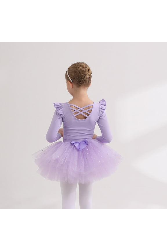 LYMAYTER Toddler Girls 2PC Ballet Leotards Suit Long Sleeve Tutu Set Ballerina with Glitter Skirt 3-11Y