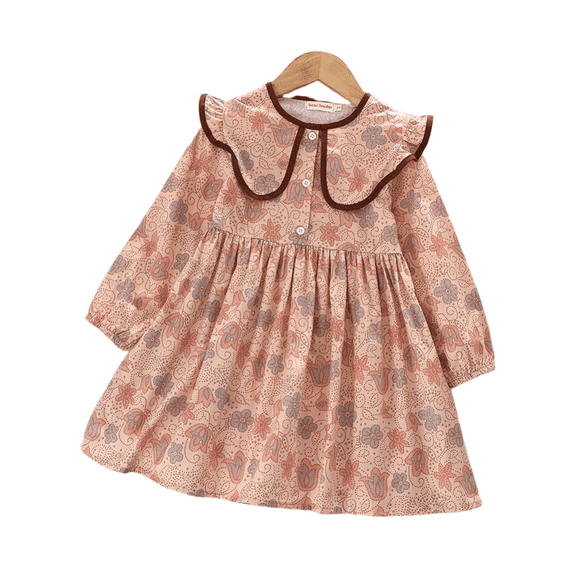 LYMAYTER Toddler Girls Floral Print Dress for 1-6Y Kids Peter Pan Collar Long Sleeve Dress Cotton Casual Outfit