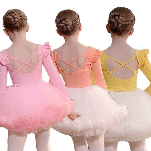 LYMAYTER Toddler Girls Kids Criss-Cross Back Ballet Tutu Dress Long Sleeve Leotard Ballerina Outfit 3Y-11Y