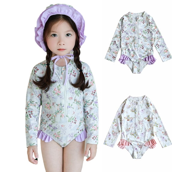 LYMAYTER Toddler Girls Kids Swimwear Zipper Long Sleeve Ruffled Quick Dry Rash One-Piece 6M-8Y