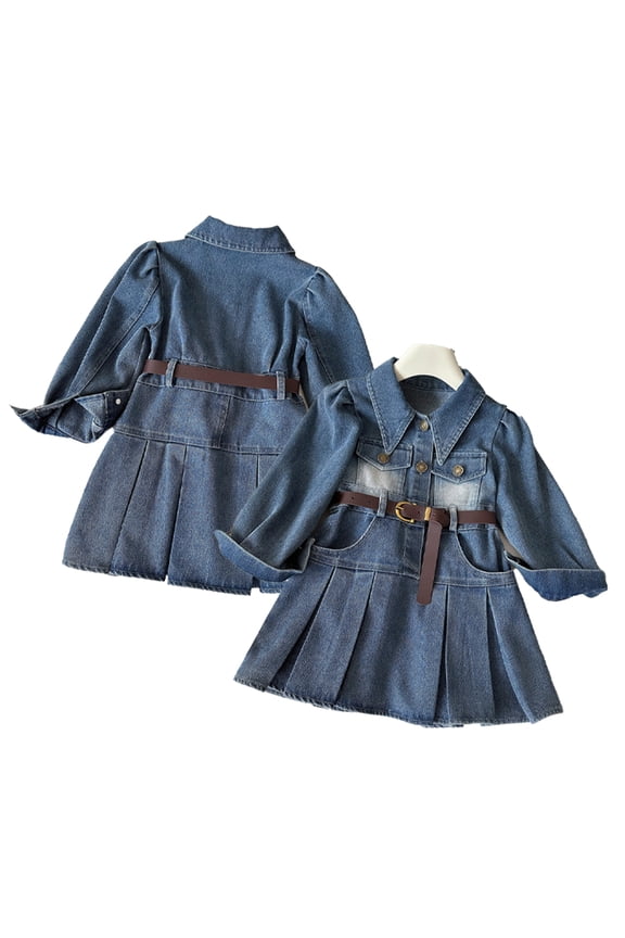 Toddler Girls Long-Sleeve Denim Shirt Dress Pleated Skirt Belt for 2-8Y Little Kids Fashion Wear