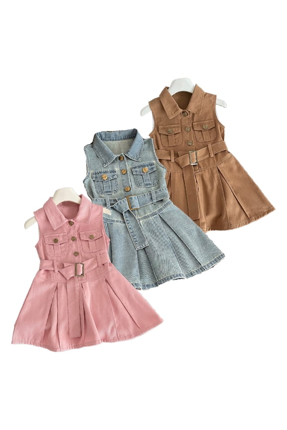 Toddler Girls Summer Clothing Jean Shirt Dress Sleeveless Collar Belted Waist Flowy Swing 2-10Y