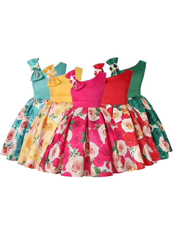 Toddler Girls off Shoulder Flower Dress Kids Pageant Party Floral Formal Dresses Baby Ruffles Rose Ball Gown 2-10T