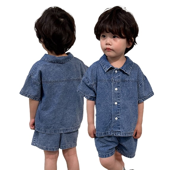 LYMAYTER Toddler Kids Boys Demin Short Sleeve Button down Shirt and Shorts Set Baby Casual Jeans Shorts Outfit 1-12T