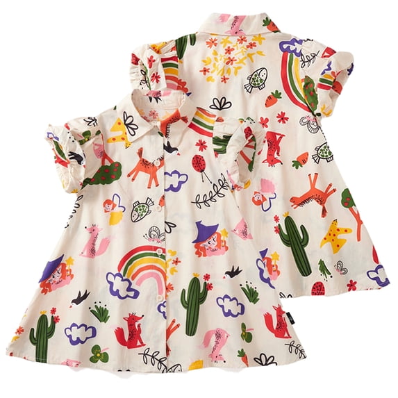LYMAYTER Toddler Kids Summer Graffiti Shirt Dress for Girls 1-8T Baby Short Sleeve Casual Dresses Lapel Pleated Playwear Dress