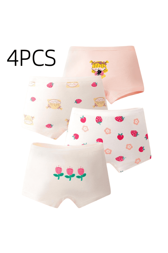 Toddler Little Girls Cotton Underwear Soft Breathable Boxer Briefs Cartoon Print Kids Daily Panties 4PCS