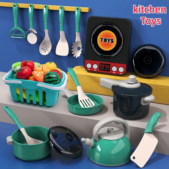 LYMAYTER Toddler Mini Pretend Cooking Set 28/61/71/83/86Pcs Kids Realistic Kitchen Cookware Play Food Learning Toy Green