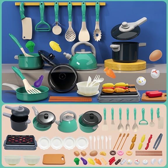 LYMAYTER Toddler Role Play Kitchen Kit 61Pcs, Mini Cookware Tableware Fake Food Interactive Learning Plaything Green