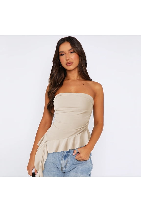  Tube Tops for Women Strapless Ruffled Asymmetrical Hem Ruched Bandeau Cami Tank Comfortable