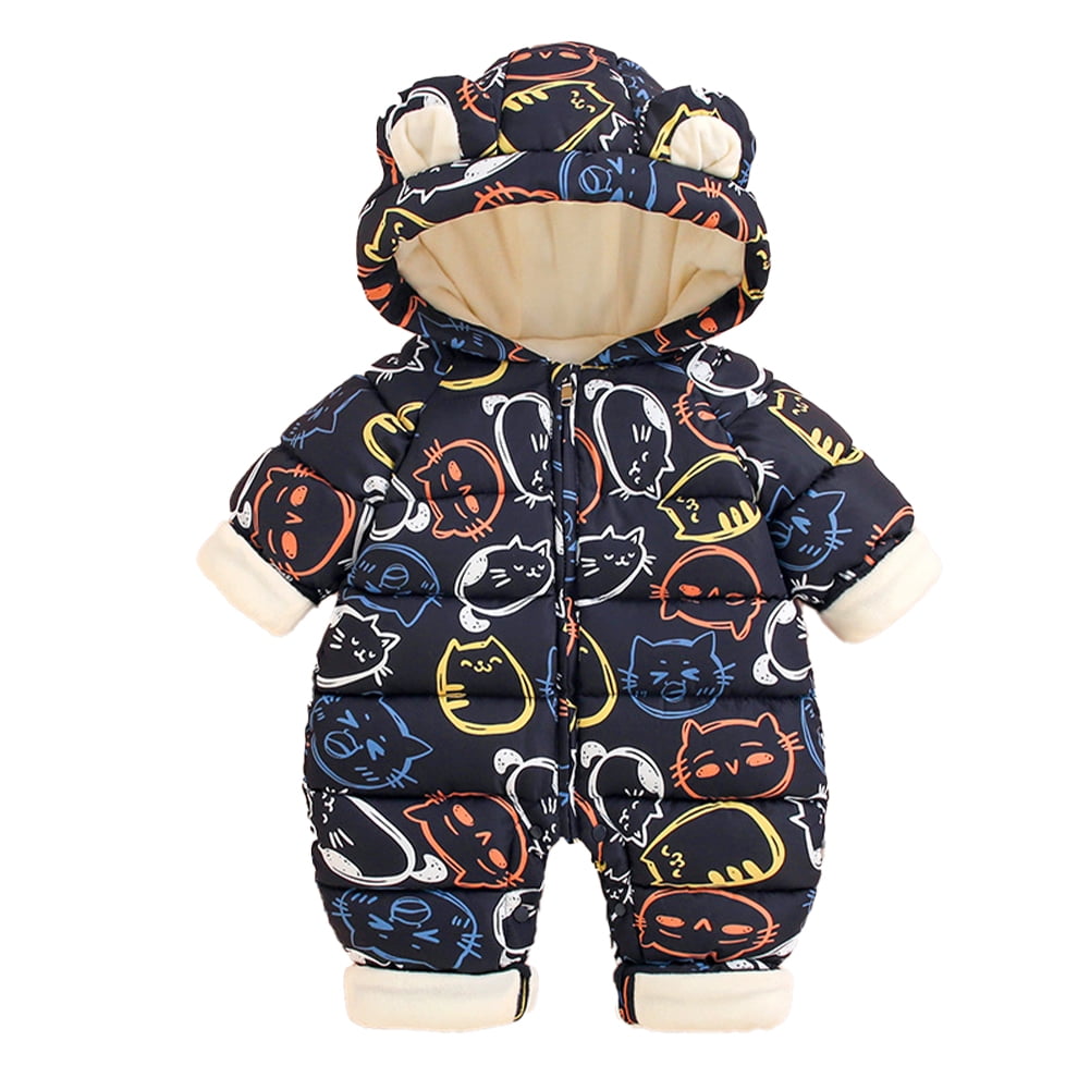 LYMAYTER Unisex Newborn Hooded Onesies Girls Fall Winter Printed Rompers Infant Cotton Long Sleeve Warm One-Piece for 0-24M