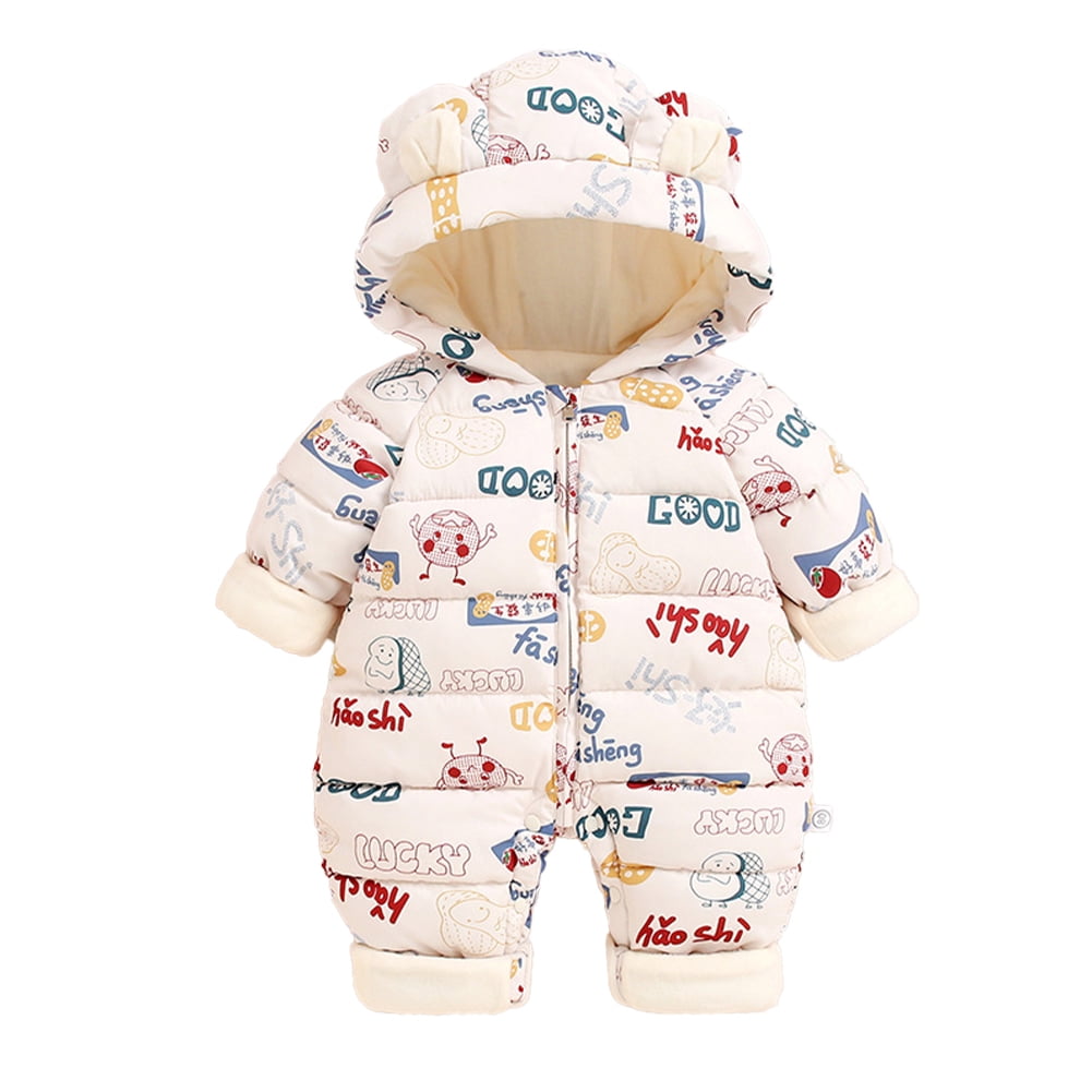 LYMAYTER Unisex Newborn Hooded Onesies Girls Fall Winter Printed Rompers Infant Cotton Long Sleeve Warm One-Piece for 0-24M