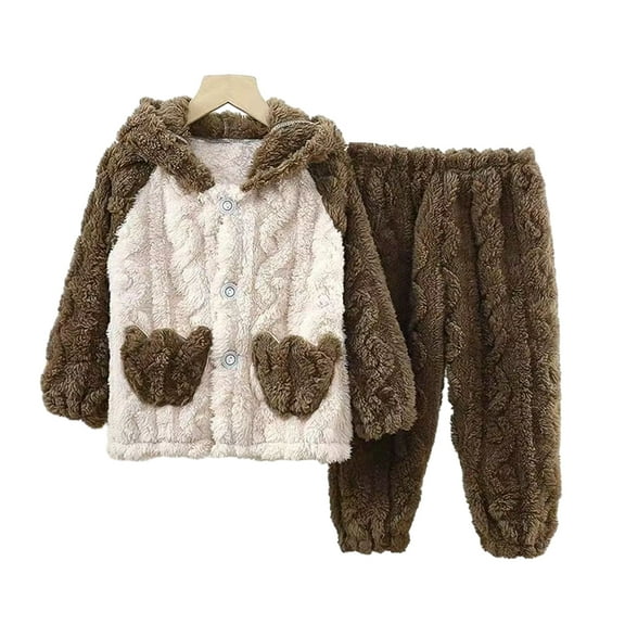 LYMAYTER Unisex Pajamas Outfit Kids Girls Boys Hooded Thickened Sleepwear Toddler Fall Winter Cute Loungewear Set for 12 Months-10 Years