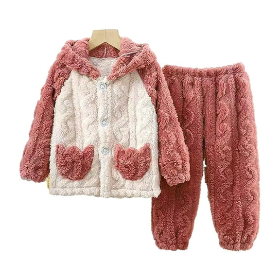 LYMAYTER Unisex Pajamas Outfit Kids Girls Boys Hooded Thickened Sleepwear Toddler Fall Winter Cute Loungewear Set for 12 Months-10 Years