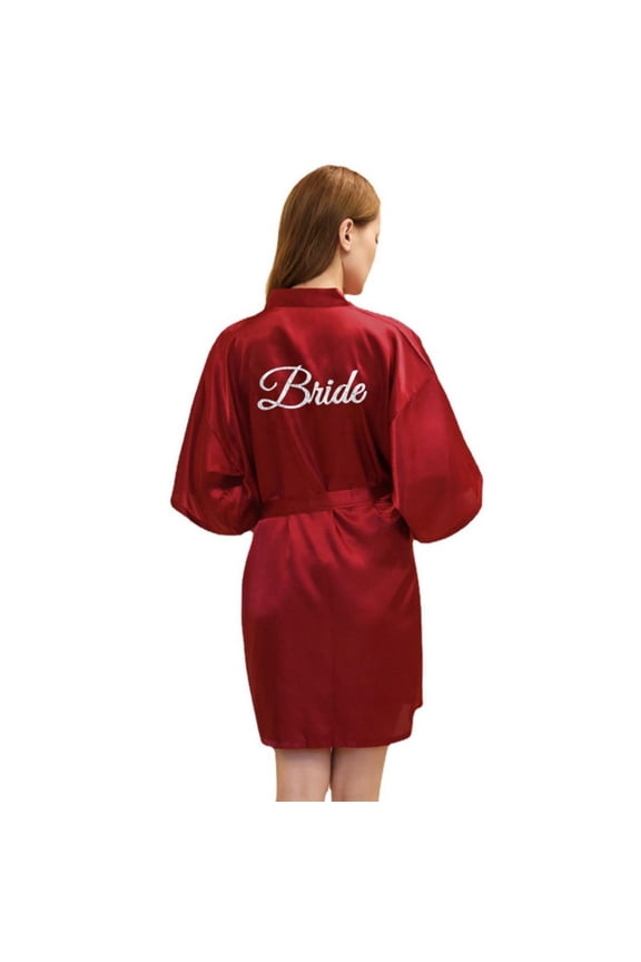 Wedding Kimono Robe‌ for Women's Short Satin Rhinestones Bridal Party Bathrobe