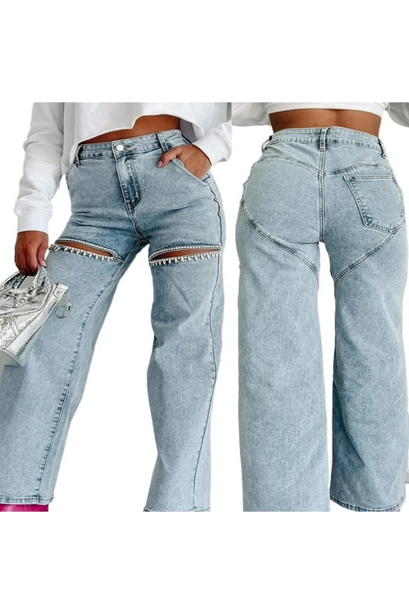 Wide Leg Jeans for Women Casual Loose Ripped Jeans Rhinestone Trim Bling Denim Pants S-XL