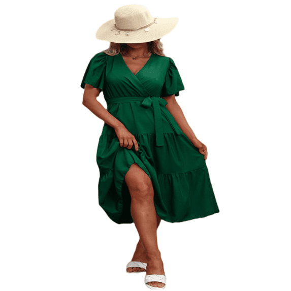 LYMAYTER Women Boho Summer Dress V-Neck Wrap Ruffle A-Line Midi Sun Dress Casual Beach Dresses S-2XL