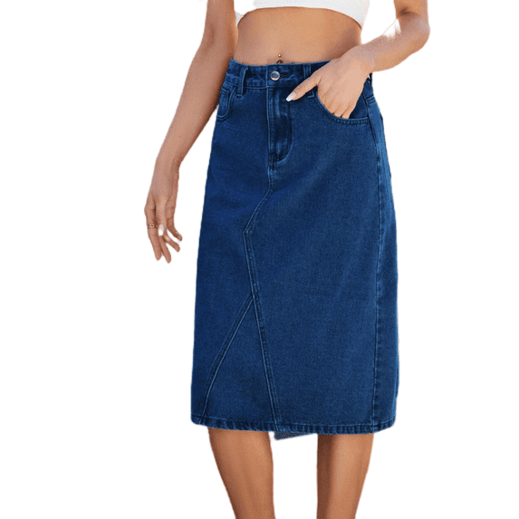 LYMAYTER Women Casual Denim Skirt Back Slit Vintage Mid-Length Skirt for S-2XL Fashion Washed Jean Skirt