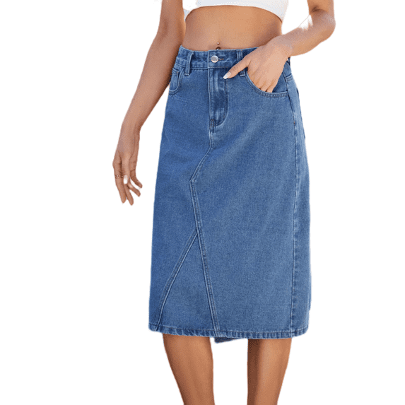 LYMAYTER Women Casual Denim Skirt Slimming Vintage Jean Skirt for S-2XL Back Split Mid-Length Jean Skirt
