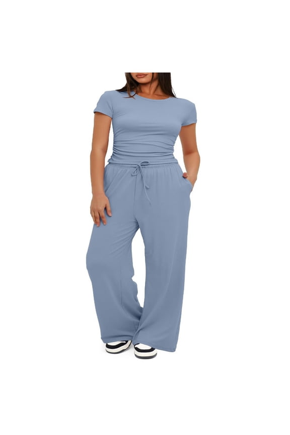 Women Casual Suit Short Sleeve Ruched Tops High Waisted Wide Leg Pants Tracksuit Sets XS-2XL