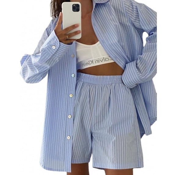 LYMAYTER Women Casual Suit Striped Long Sleeve Shirt Soft Shorts Comfy Lounge 2-Piece Outfit S-XL